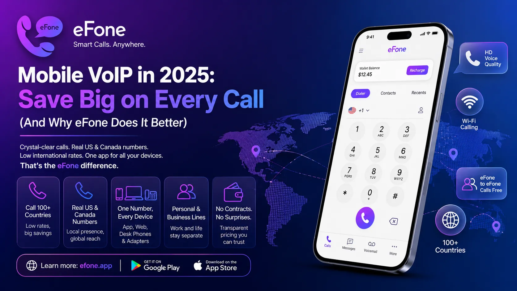 Mobile VoIP app making cheap international calls with eFone