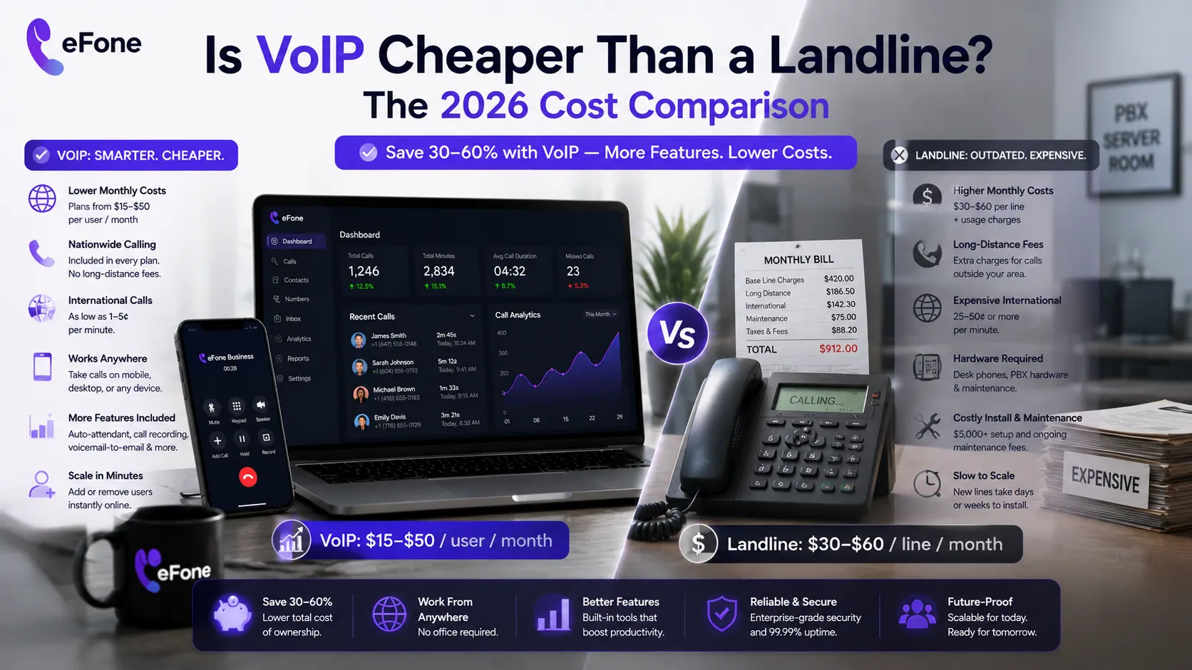 VoIP cheaper than landline cost comparison showing monthly savings for businesses in 2026