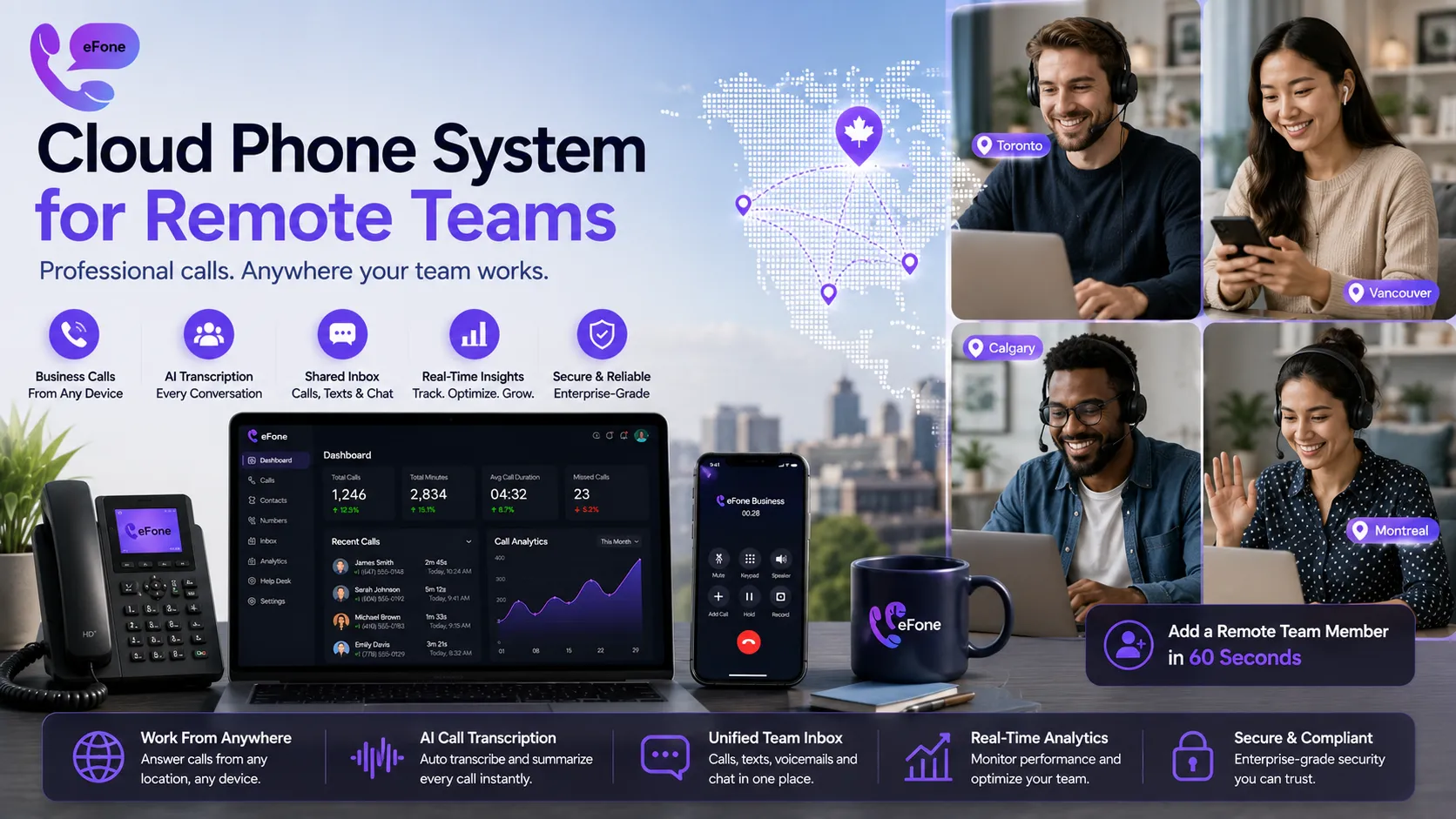 Cloud phone system for remote teams with calling, AI transcription, and shared inbox on any device