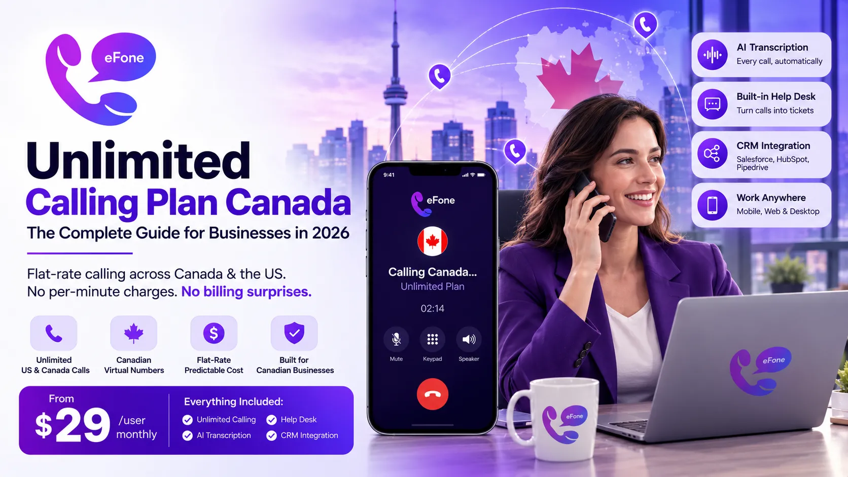 Unlimited calling plan Canada with flat-rate US and Canada business calling from eFone