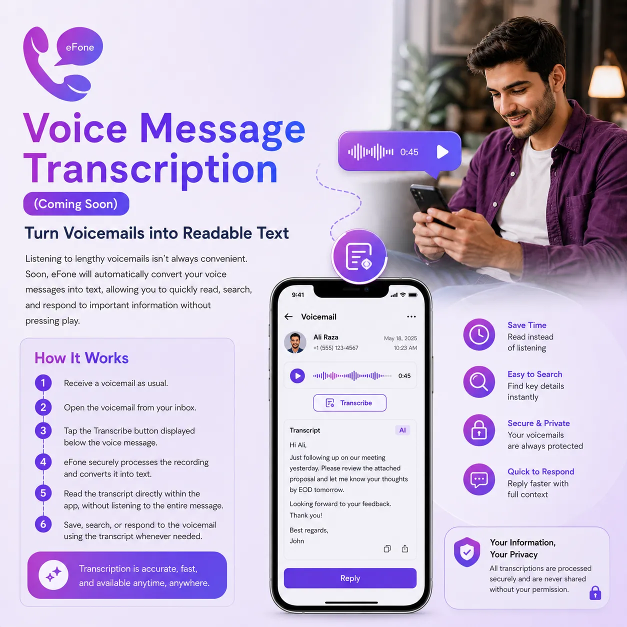 eFone voice message transcription coming soon